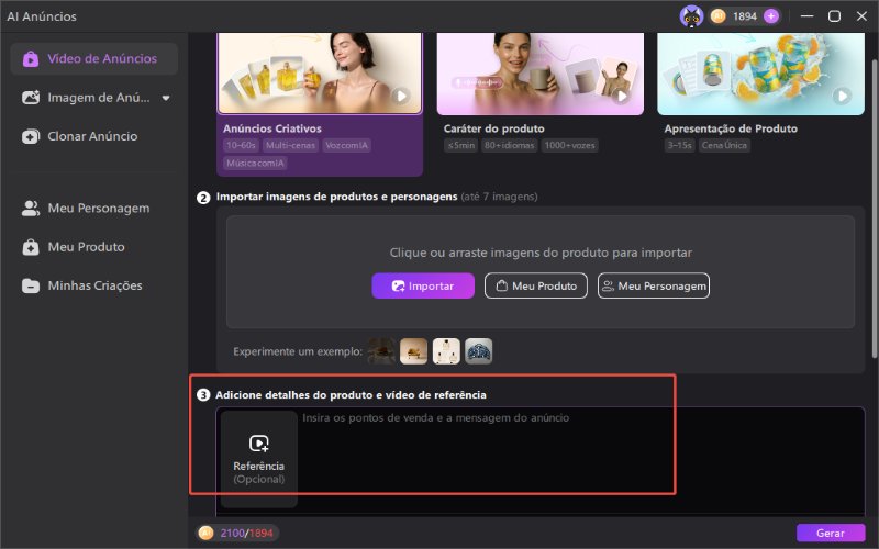 Adicionando imagens de produtos e texto de anúncio para Meta no gerador de anúncios do Edimakor com IA