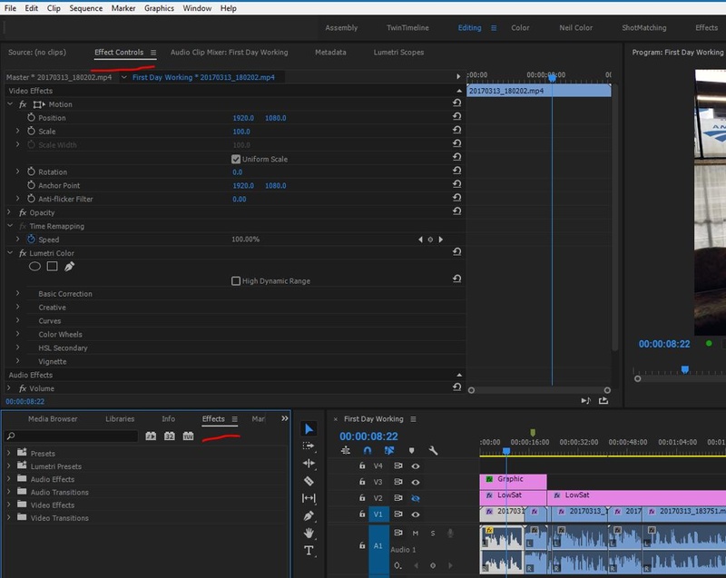 Interface do Premiere Pro mostrando o controle de efeitos