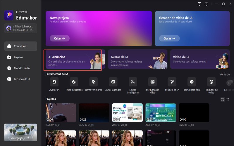 Acesse a ferramenta de anúncios de IA da Edimakor