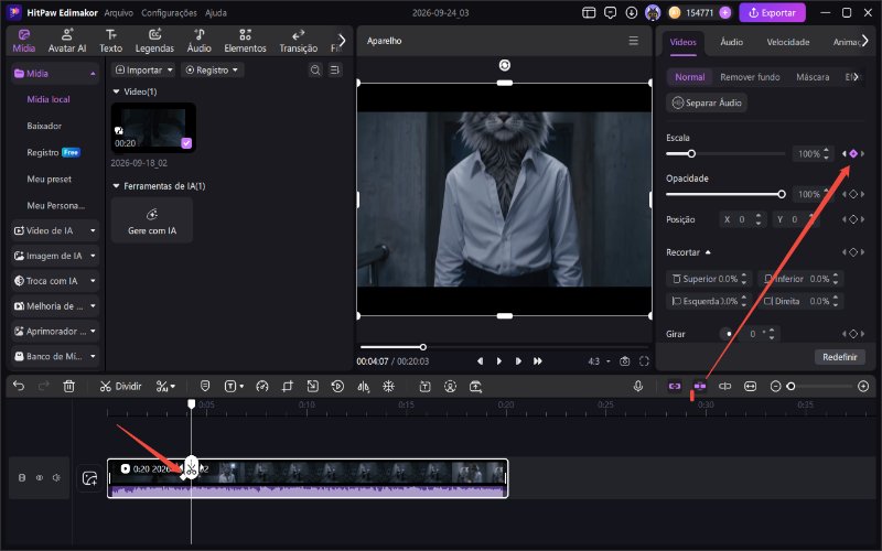 Adicionando um keyframe no clipe