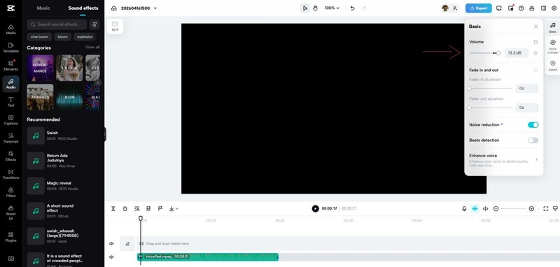 voz cinema CapCut ajuste