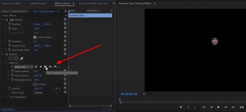 Interface do Premiere Pro mostrando onde ativar o rastreamento