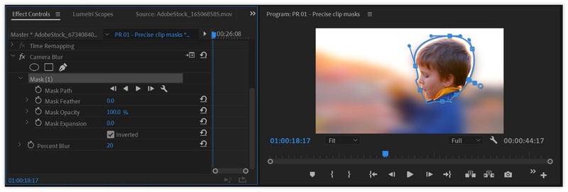 Interface do Premiere Pro mostrando onde definir a área da máscara