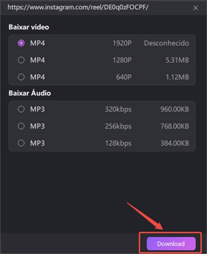 escolher qualidade formato video download