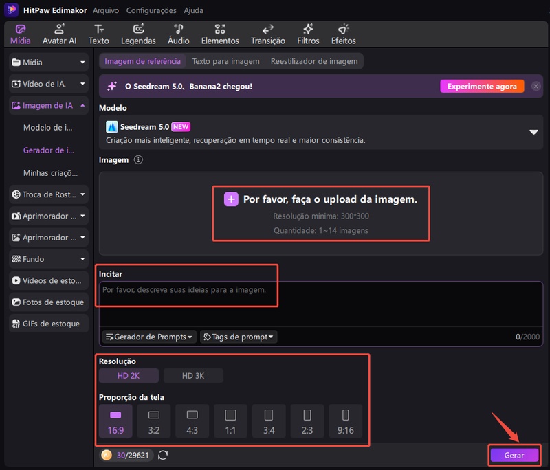 upload de imagem e criação de prompt no edimakor