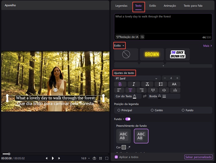 editar estilo e texto legenda