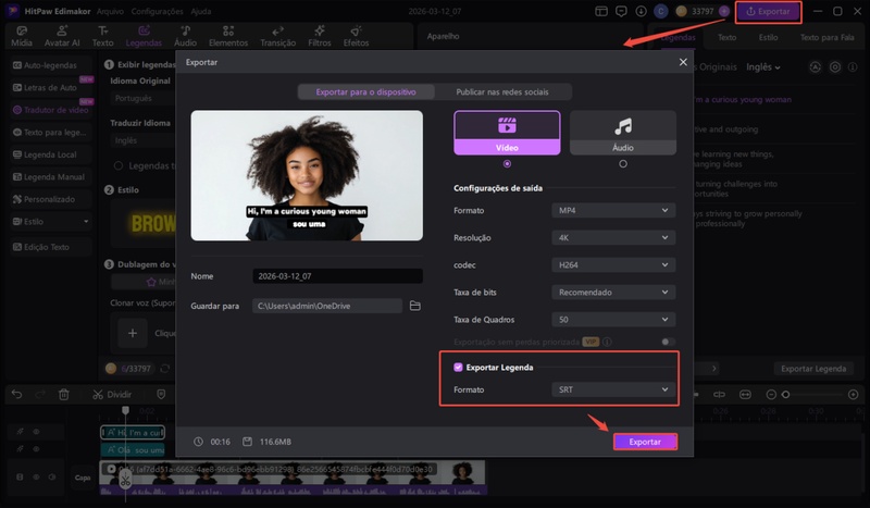 exportar legendas em srt no edimakor