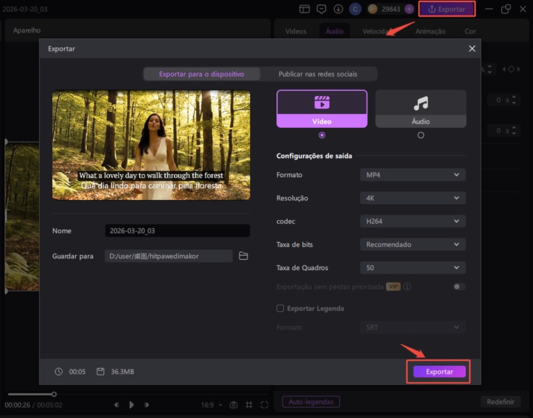 exportar vídeo com nova voz