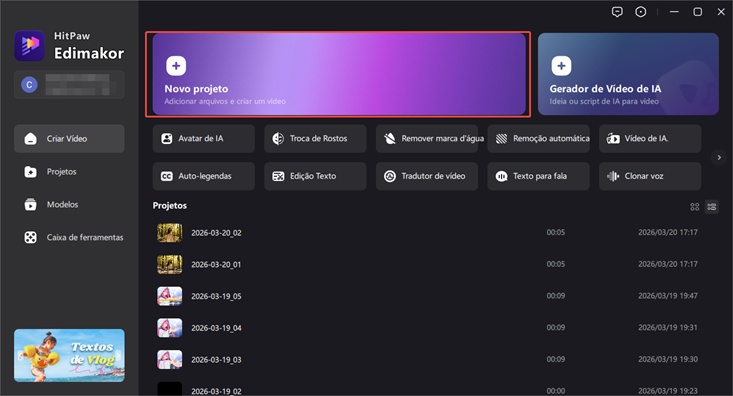 importar vídeo novo projeto