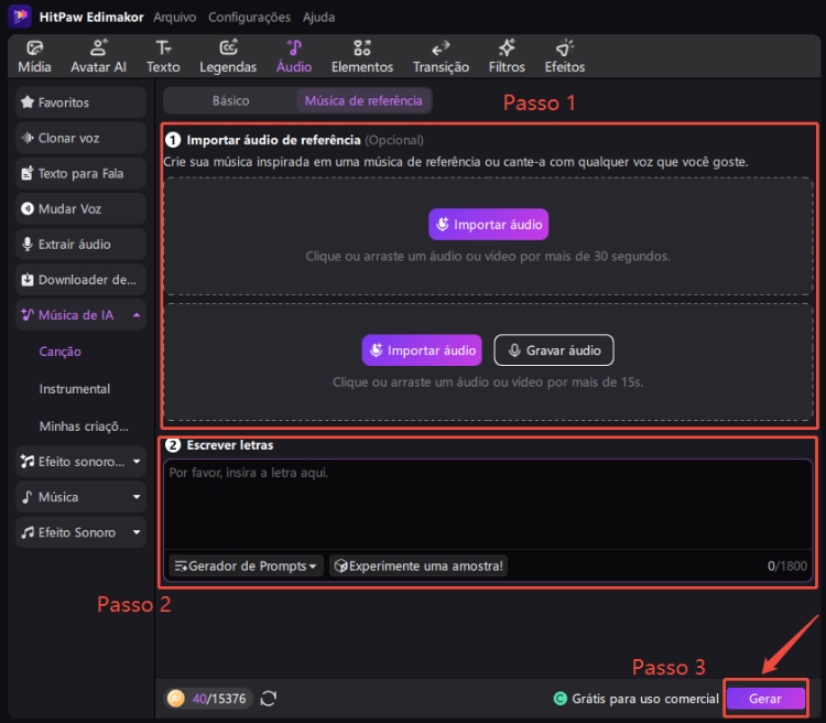 edimakor modo de referência criar música com ia passo a passo