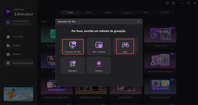 escolher modo gravação