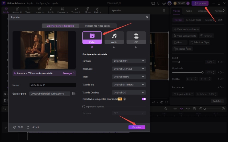 Editar e exportar no Edimakor