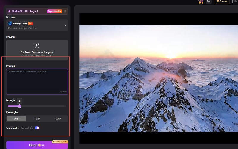 Insira o prompt de vídeo e ajuste as configurações