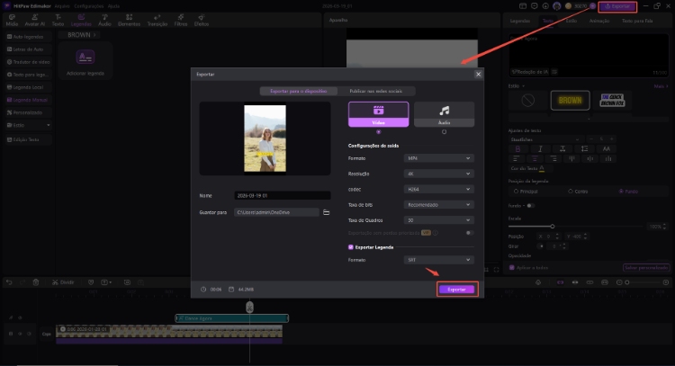 exportar vídeo final de dança com legendas