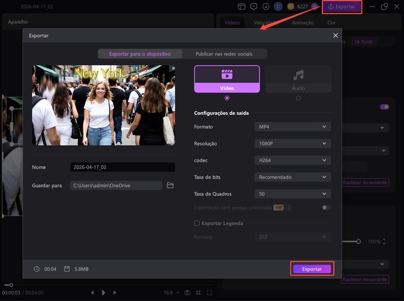 Tela de exportação com vídeo finalizado