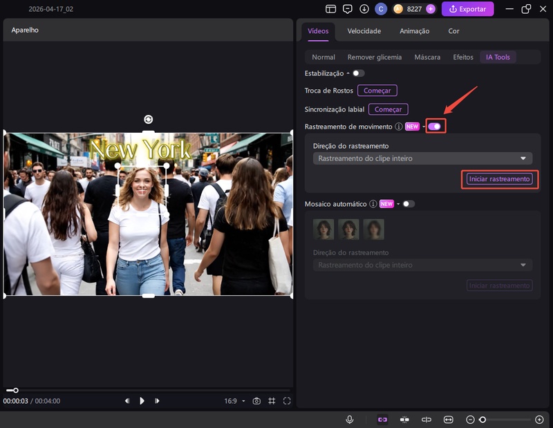 Menu de IA aberto com rastreamento