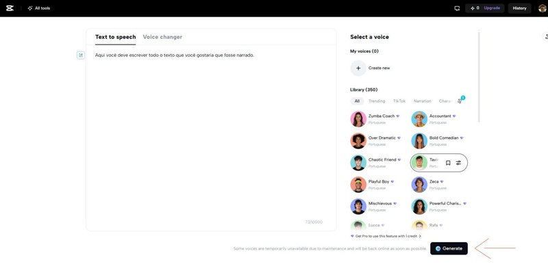 gerar narração capcut