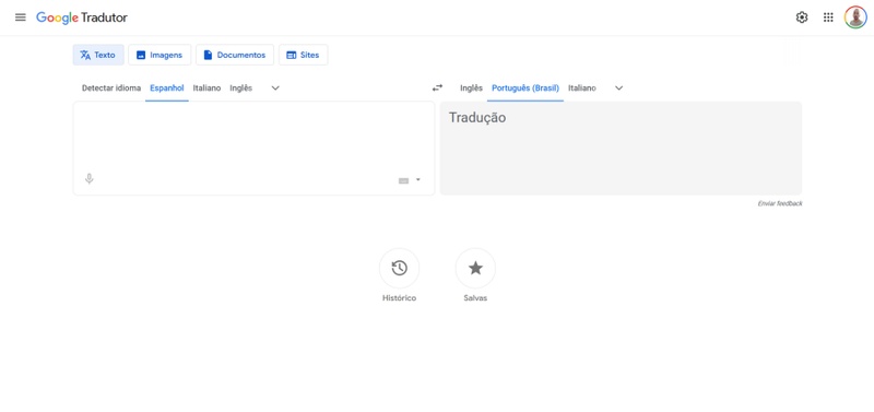 interface do google tradutor na versão web