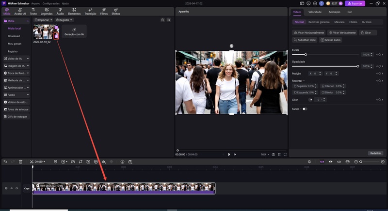 Vídeo sendo adicionado à linha do tempo