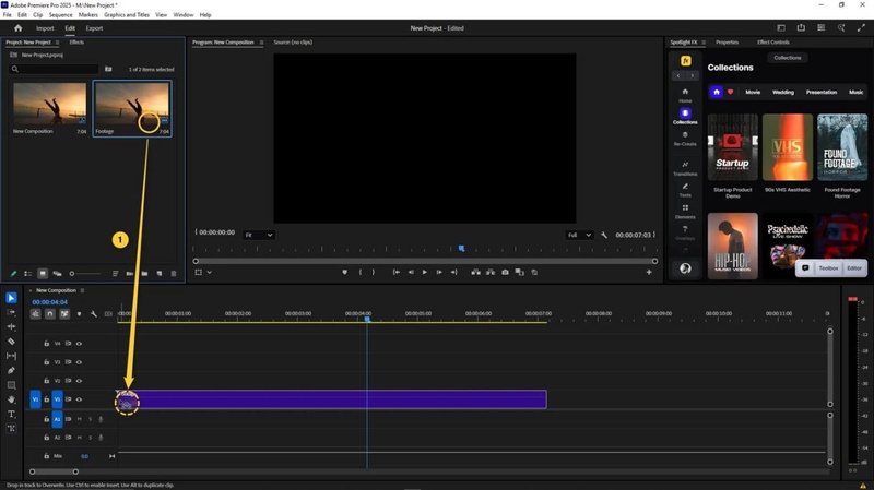 Interface do Premiere Pro mostrando importação de vídeo para timeline