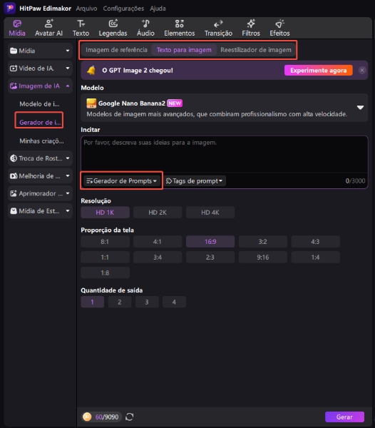 seção do gerador de imagens do edimakor