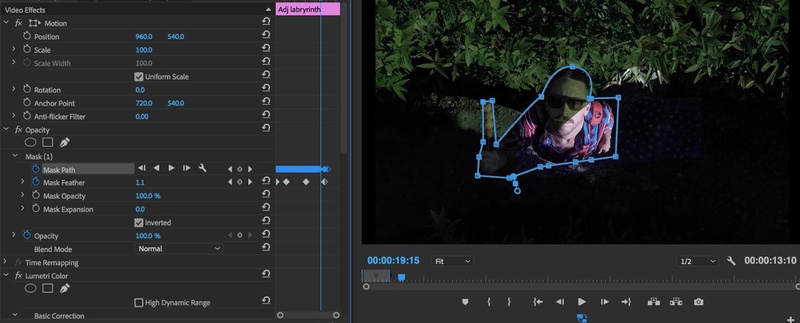 Interface do Premiere Pro mostrando máscara sendo aplicada e rastreada em um rosto