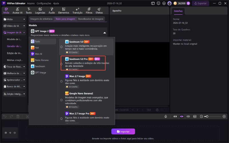 Modelo Seedream 5.0 Pro no Hitpaw Edimakor