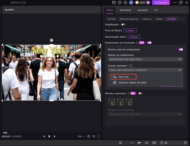 Objeto sendo selecionado para rastreamento automático