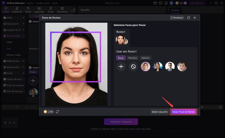 selecione o rosto e clique em trocar de rosto