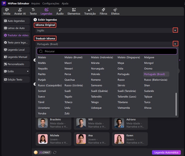 escolher idioma legenda