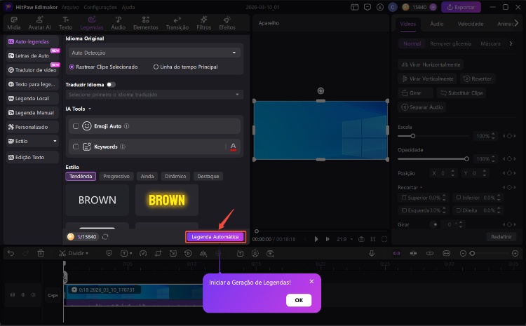 iniciar legendas automáticas