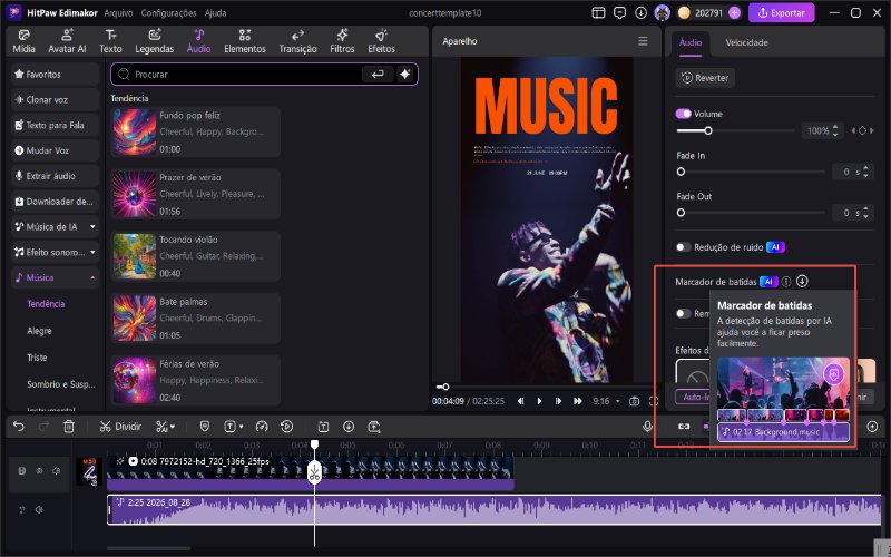 Sincronizando clipes com música no HitPaw Edimakor