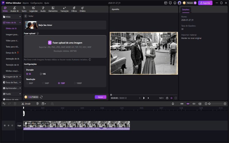 Faça upload de uma imagem para criar um vídeo de beijo com IA usando o edimakor.