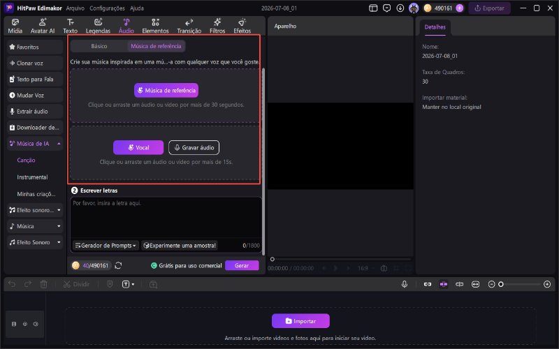 Faça upload de áudio de referência para músicas personalizadas no Ai Music Generator.