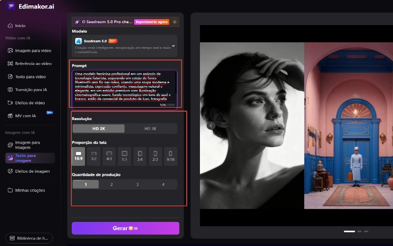Faça o upload do Seedream 5.0 Pro e ajuste as configurações da imagem.