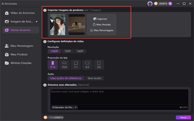 Carregando imagens de produtos no gerador de vídeos de unboxing do AI UGC