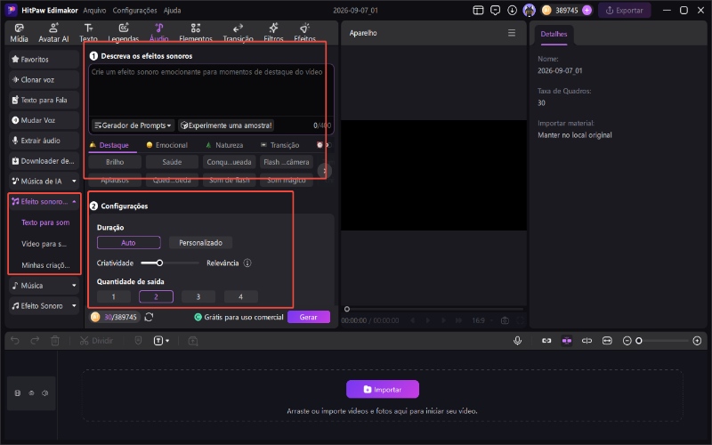Usando efeitos sonoros de IA do Edimakor