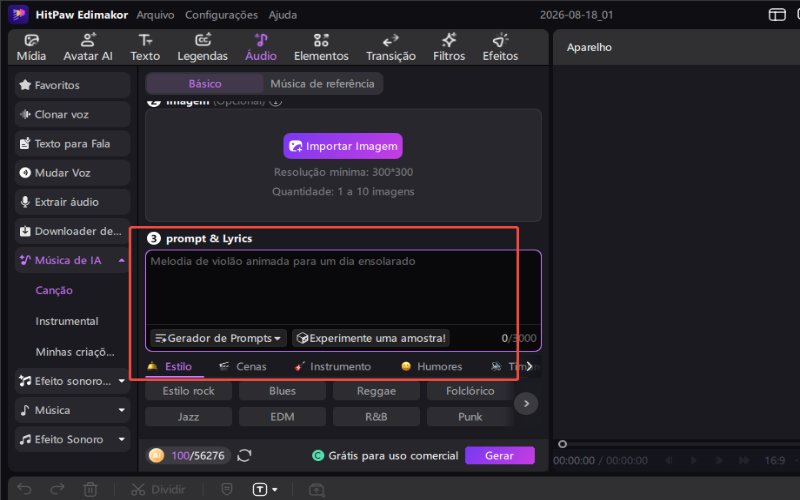 escrever o prompt de música