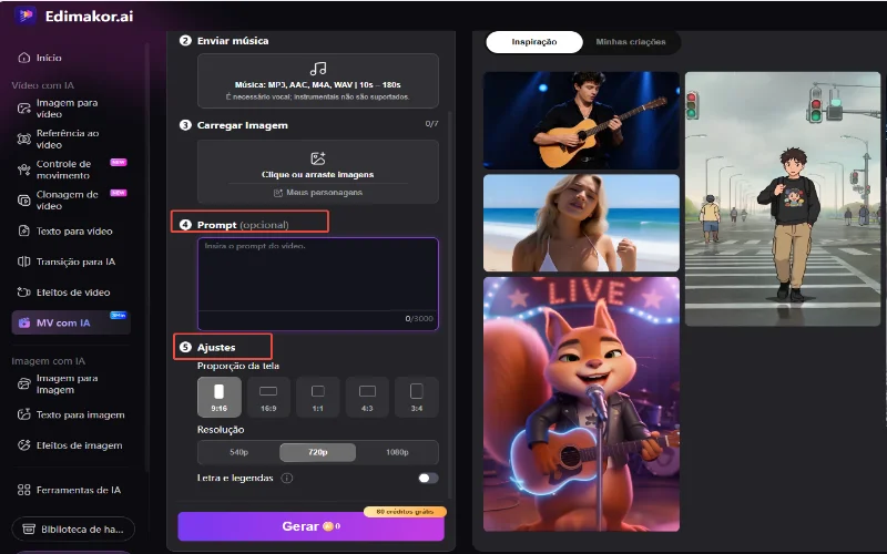 digite o prompt e ajuste as configurações do vídeo