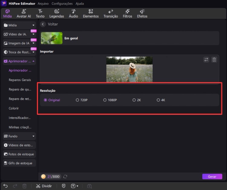 escolher a resolução do vídeo