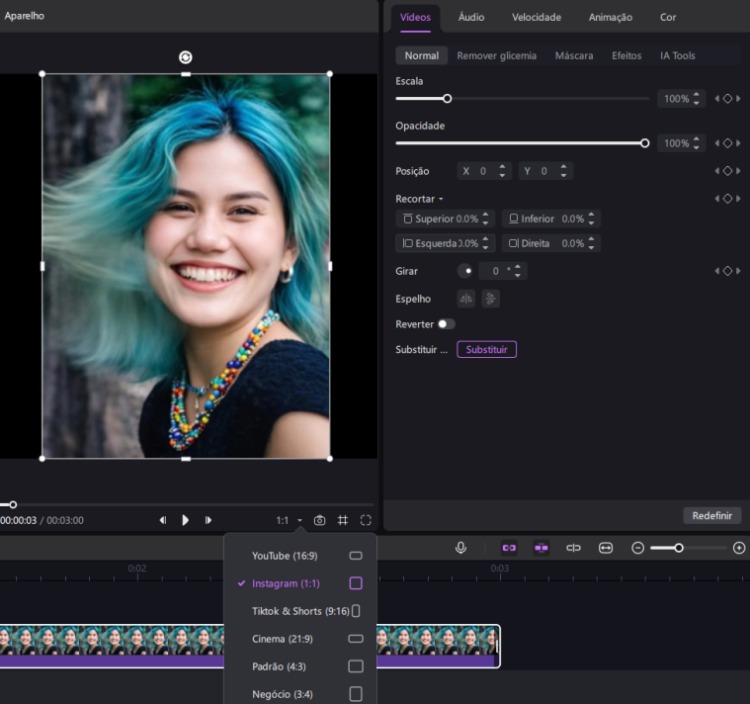 selecionar proporção de vídeo para instagram