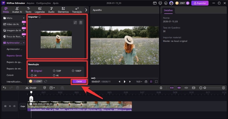 importar vídeo para melhorar a qualidade de vídeo