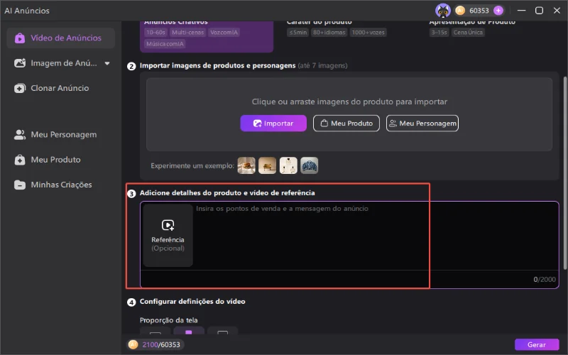 Insira o prompt do anúncio com IA