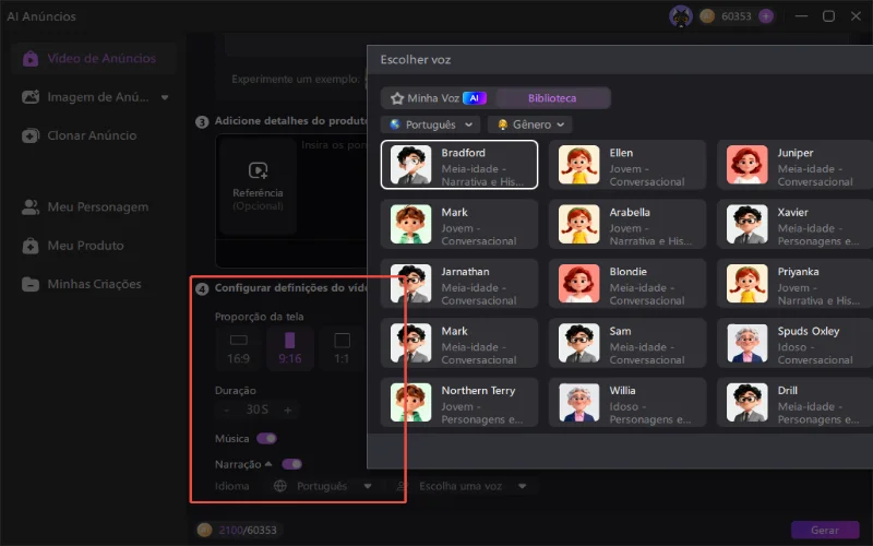 Ajuste as configurações do anúncio em vídeo com IA e gere
