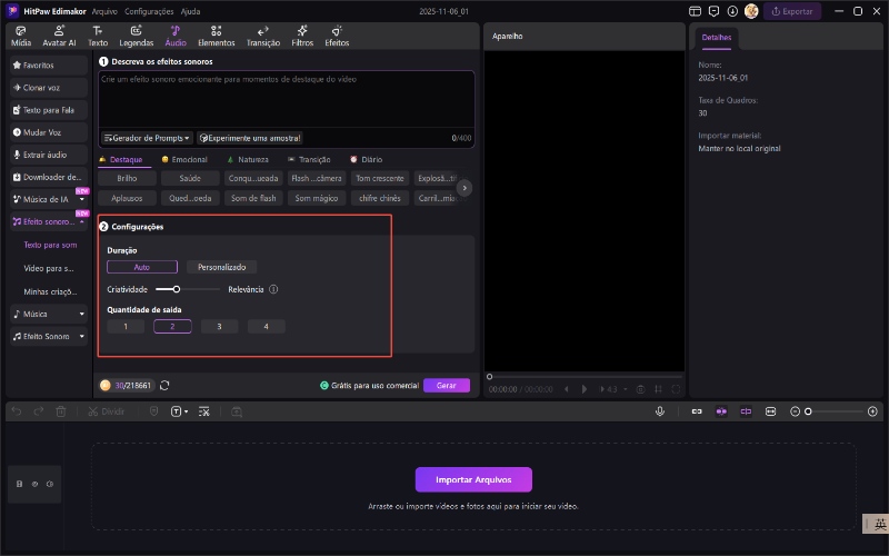 configurações de efeitos sonoros de IA