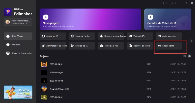 Guia de edição de texto baseado em IA do Edimakor 1