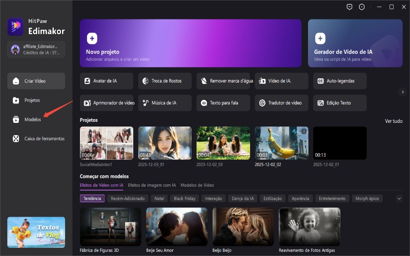 Abra o edimakor e use os modelos de vídeo.