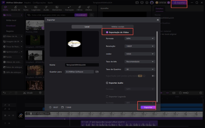 Exporte o vídeo usando um modelo.