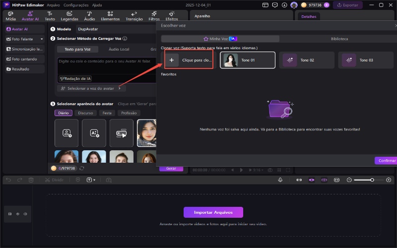 Acesso ao clone de voz edimakor - avatar de IA TTS