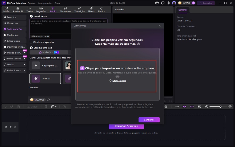 Clonagem de voz edimakor - carregue ou grave sua voz